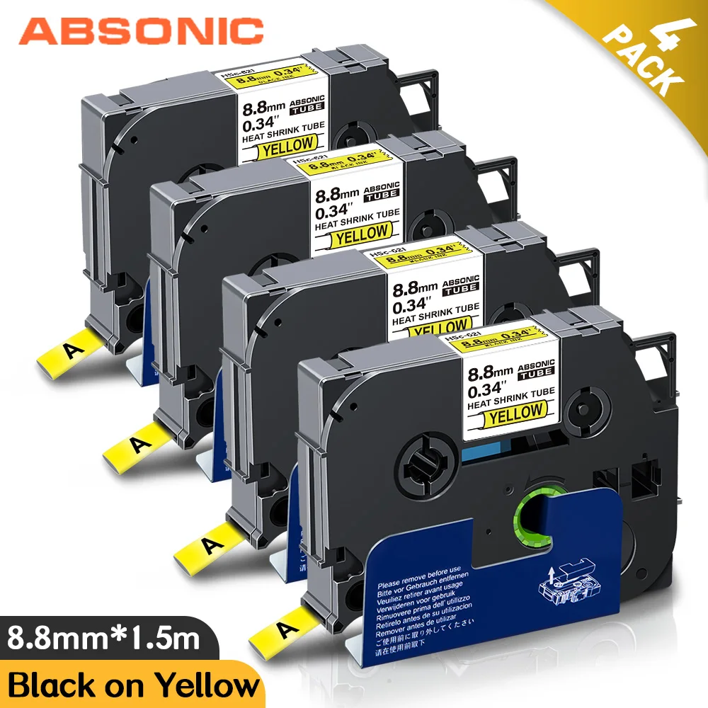 

Absonic 4PCS Heat Shrink Tube HSe-621 Black on Yellow 8.8mm*1.5m Compatible Brother P-touch Label Printer HS621 HS-621 for Mark