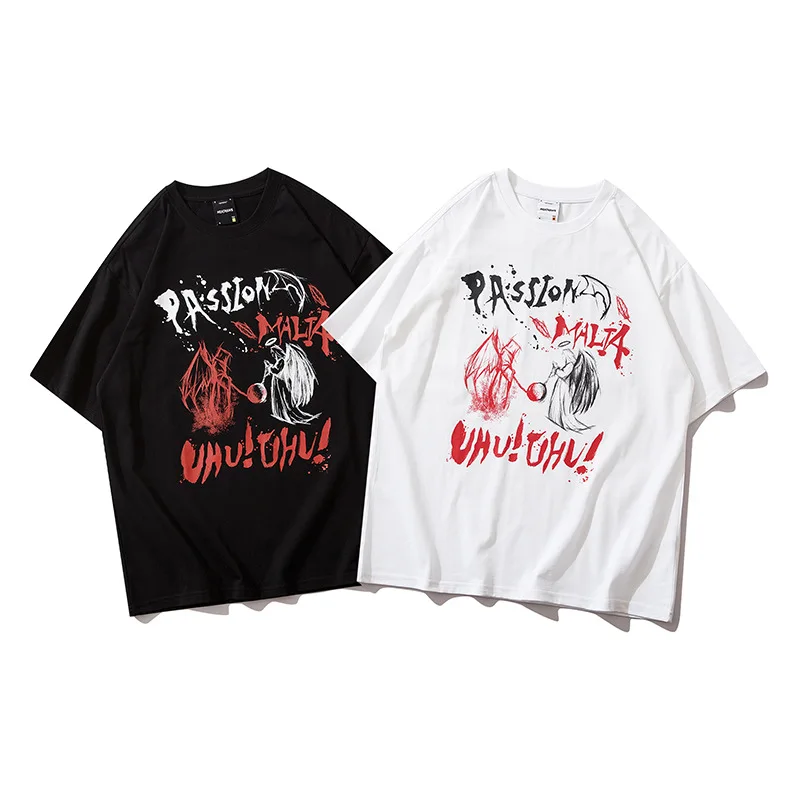 

Street Hipster Angel Demon Graffiti Print Couple T Shirts Short Sleeve Men Women Fashion Casual Pure Cotton Tops Tees Oversize
