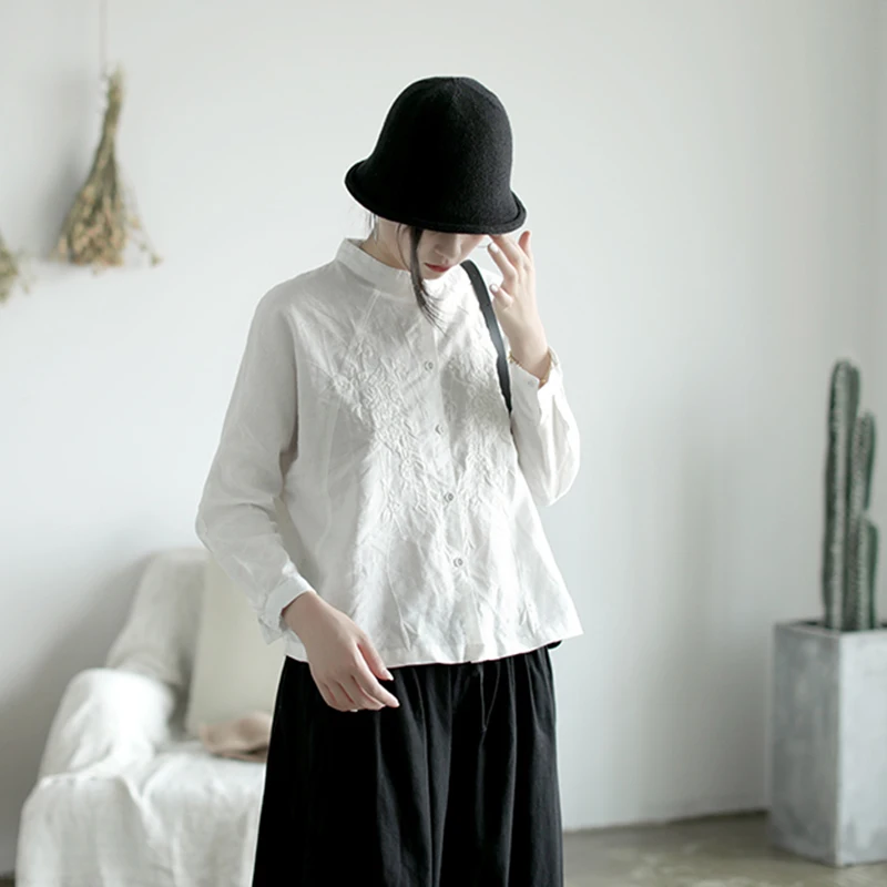 

Casual Women Blouses Embroidery Shirt Vintage 2021 New Clothes Full Sleeve Solid Color Stand Collar Button Women Tops