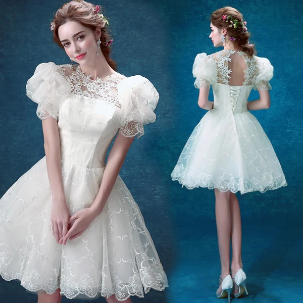 White Ball Gowm Puff Sleeve Lace Plus Size Bridesmaid Birthday Party Wedding Dress for Women