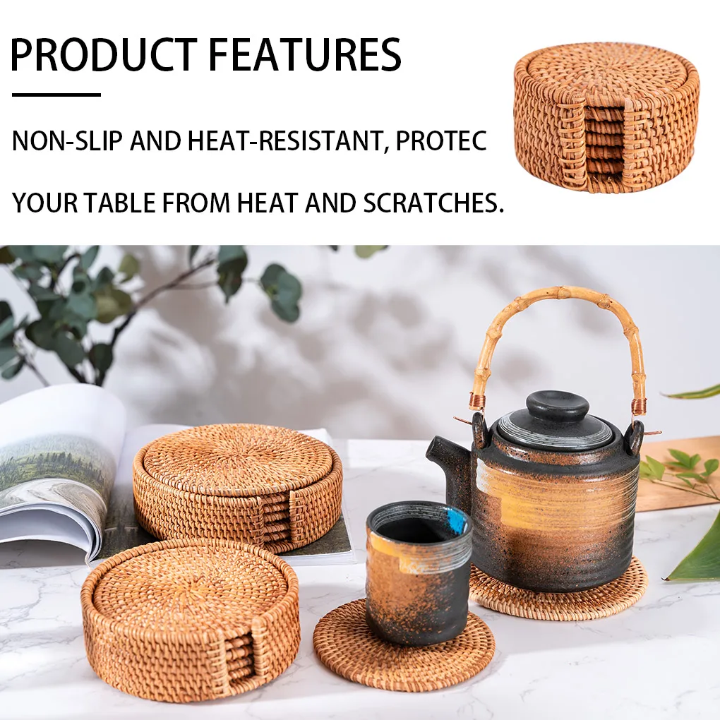 

6pcs Rattan Coaster Antislip Table Placemat Heat-Resistant Retro Decorative Cup Holder for Home Office