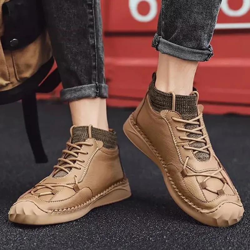 

Men Ankle Boots PU Leather Vintage Big Size Fashion Designed Male Casual Shoes Waterproof Rubber Non Slip Lace Up Men Sneakers