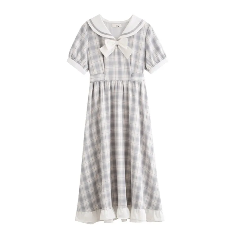 

Estilo sub-vestido feminino primavera novo retro primeiro amor doce longo plissado saia tipo um azul cinza grade
