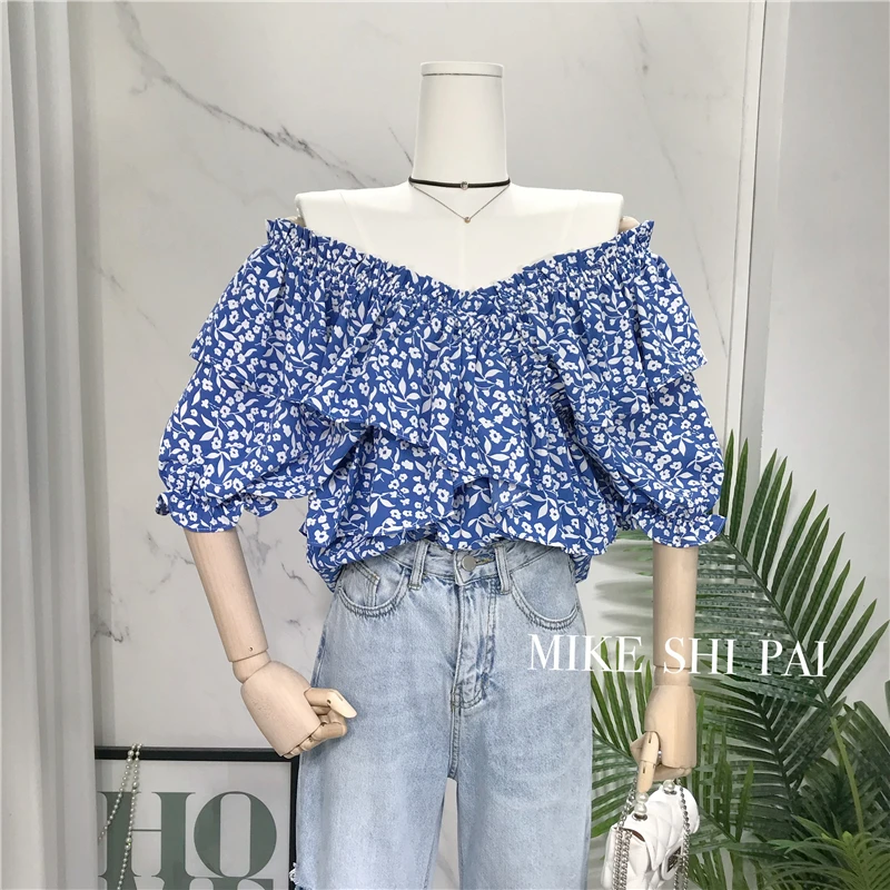 

2021 Summer New Loose Slash Neck Off-Shoulder Ruffled Shirt Women Floral Print Half Sleeve Chiffon Blouse Sweet Fashion