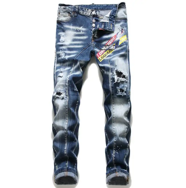 winter jeans men's штаны мужские pantalones hombre new style ragged paint slim patch stretch trousers blue tight beggar pants