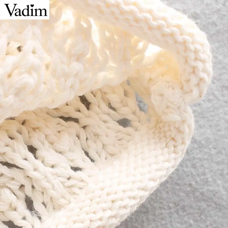 Vadim милый Женский вязаный выдалбливают сплошной свитер Длинные рукава с круглым