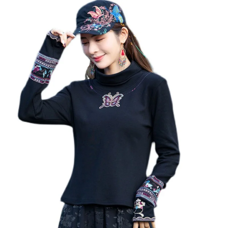 Топ в китайском стиле для девушек из леса Готическая винтажная черная водолазка