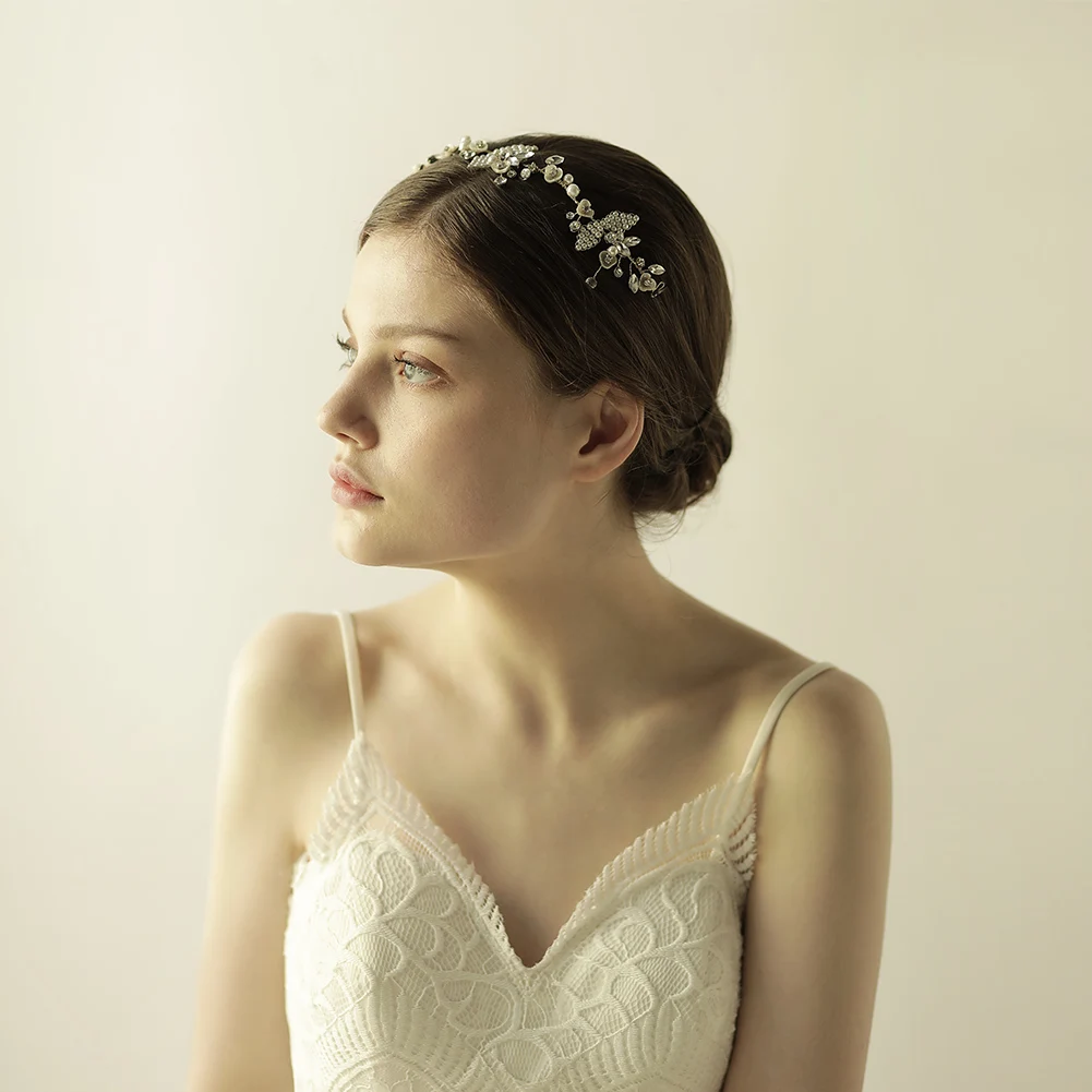 

O822 Handmade Sweetheart Bridal Headdress Alloy Rhinestone Crystal Pearl-Leaves Bride Headband with Ribbon for Wedding Perform