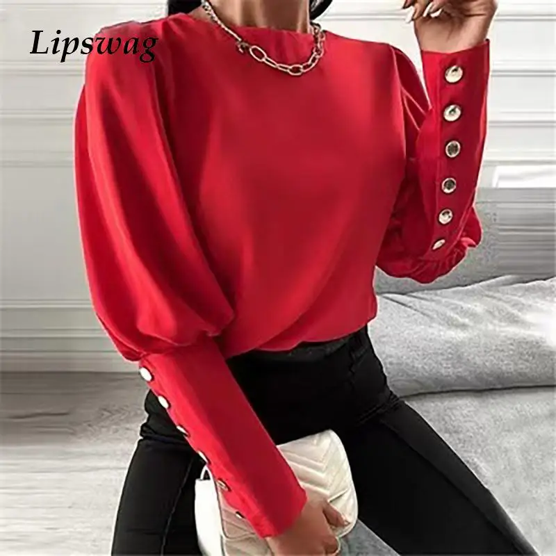

Women O Neck Vintage Long Lantern Sleeve Blouse Office Lady Solid Elegant Pullover Tops Casual Female Buttons Shirt Blusas S-3XL
