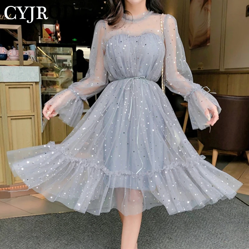 

Spring Autumn New Female O-neck Stars Sequined Mesh Shiny Fairy Dress Women Elegant Bling Gauze Princess Puff Dresses