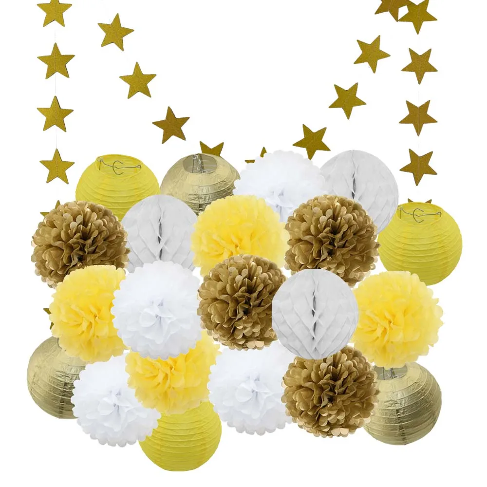 Gold yellow Set Лидер продаж 22 шт./компл. золото/черный/белая Круглая Бумажная Фонари Выпускной 50th День рождения одолжение рождественское год висит Изделия из бумаги - Color: Gold yellow Set