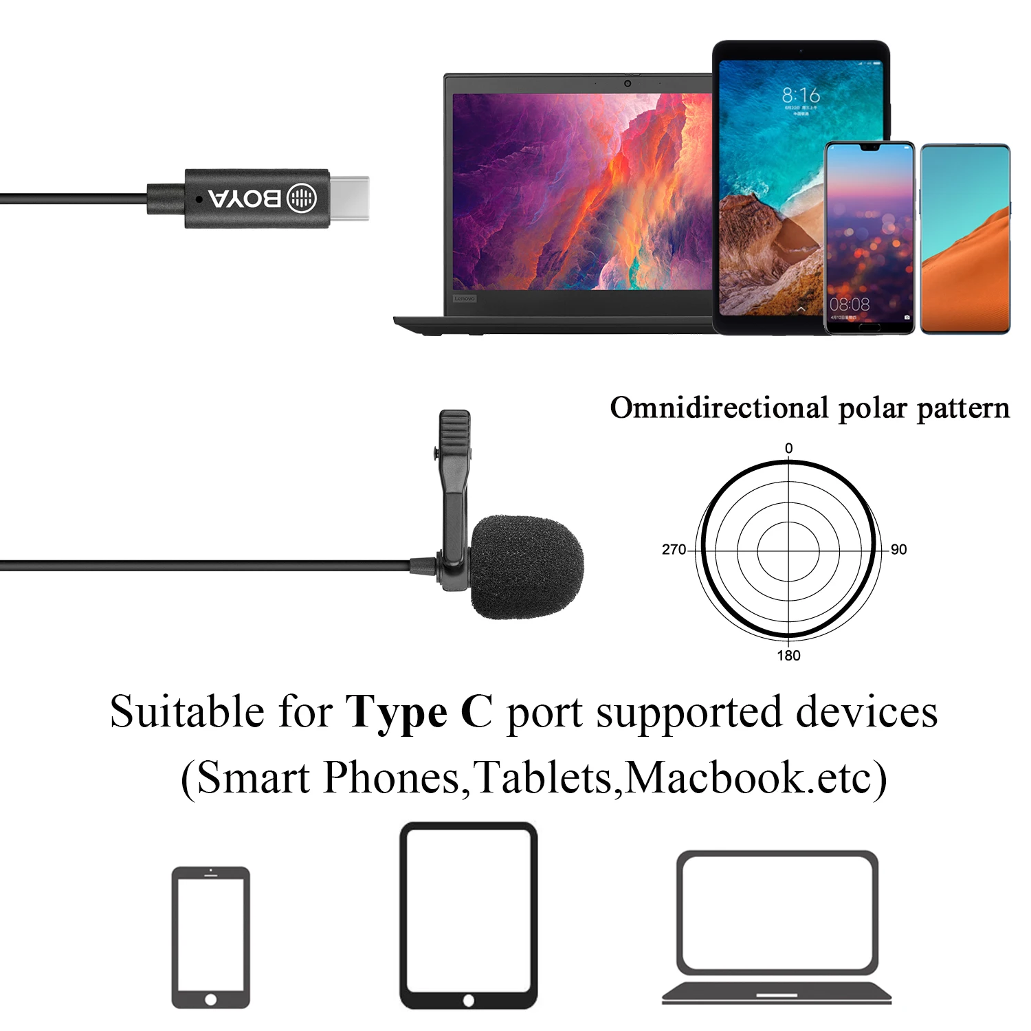 

BOYA BY-M3 Digital Lavalier Omnidirectional Microphone for iPad Pro Mac PC Podcaste Vlog Interview Youtube Video Record