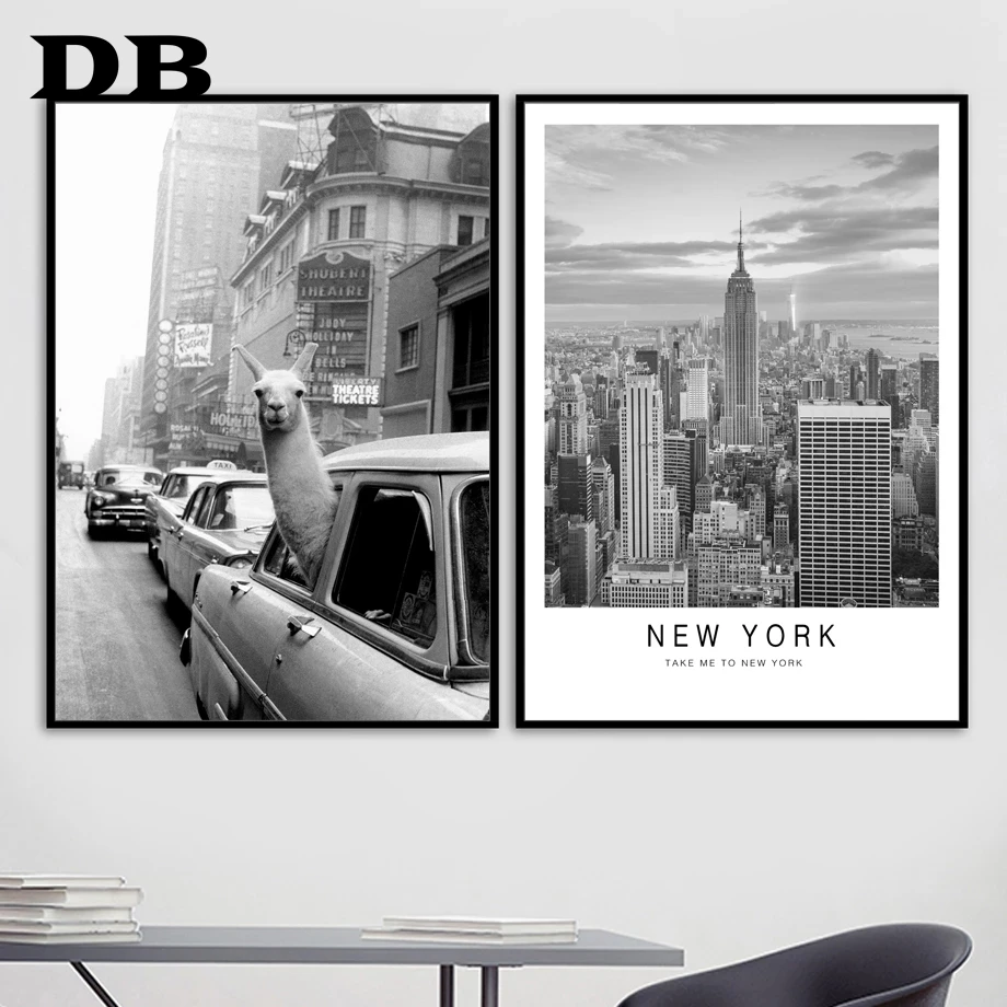 Автомобиль Альпака Нью-Йорк винтажная город лама скандинавские плакаты и принты