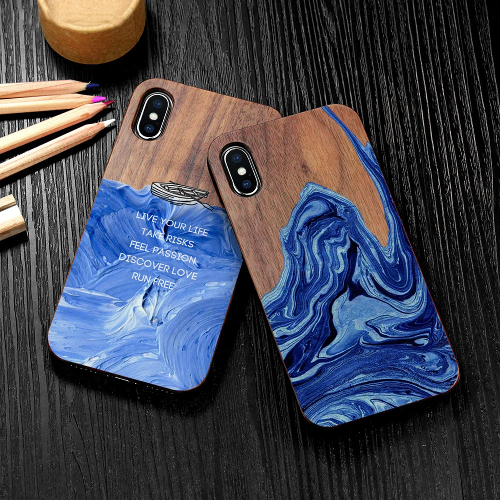 Painted ink color printed wooden phone case for iphone X XS XR max 6 7 8 plus PC Chinese style graffiti wooden shell