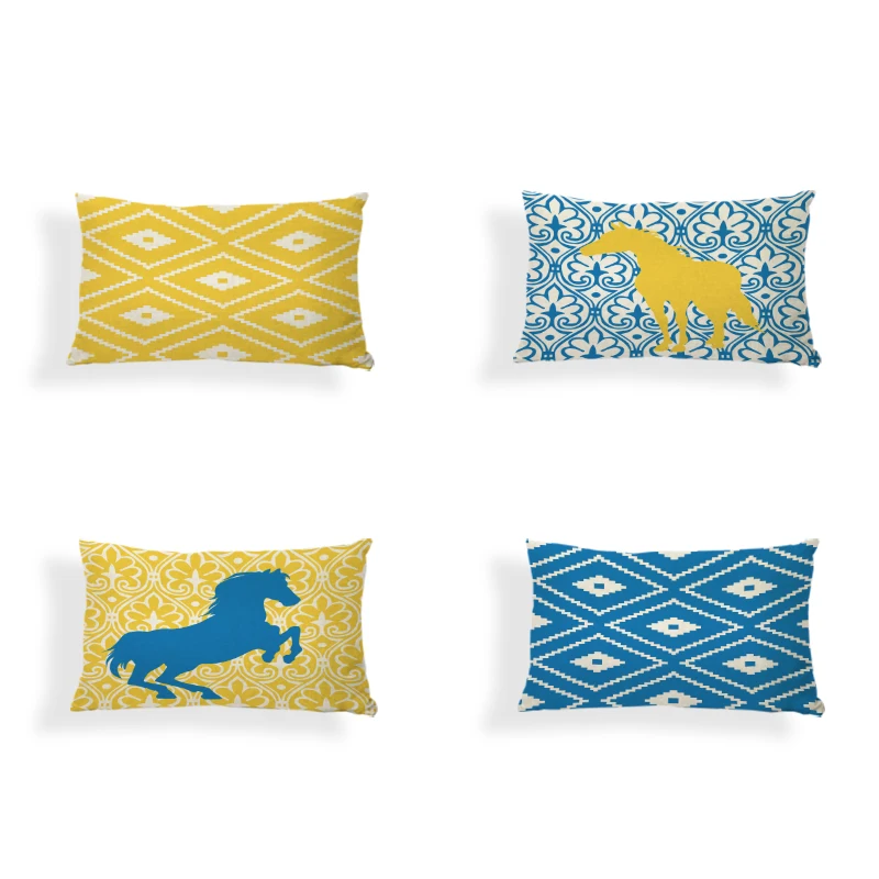 Геометрический фон лошадь синяя желтая эксцентричная наволочка прямоугольная