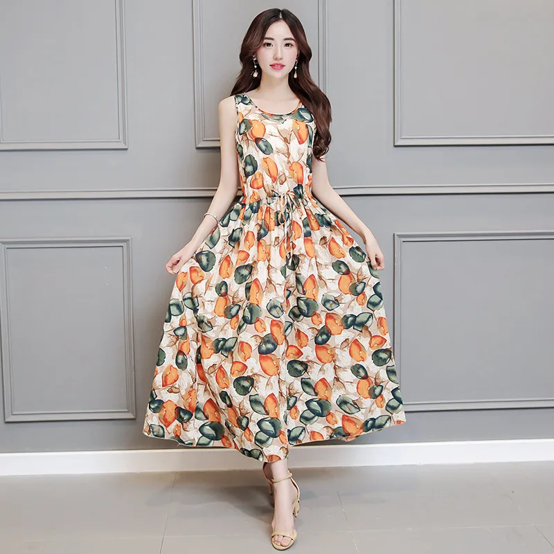 Женское летнее платье из хлопка и льна с цветочным принтом элегантное