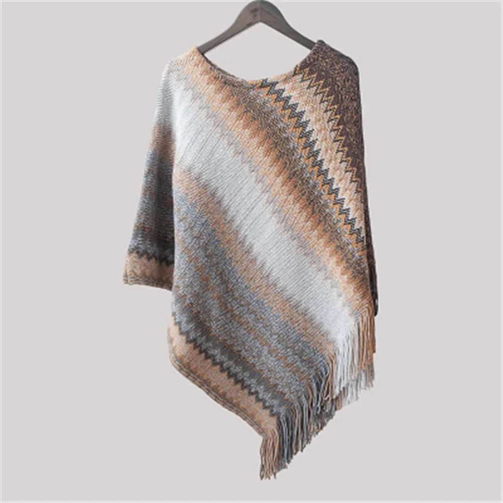 Women's Sweater Tops Round Neck Autumn Winter Wavy Strip Irregular Tassel Elegant Party Loose Shawl Cloak Ladies | Женская одежда
