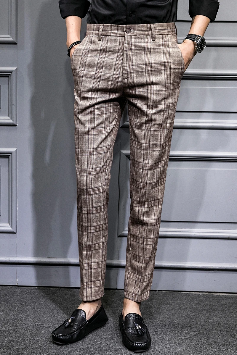 Британский стиль хаки серый решетки мужские брюки костюм Бизнес повседневные