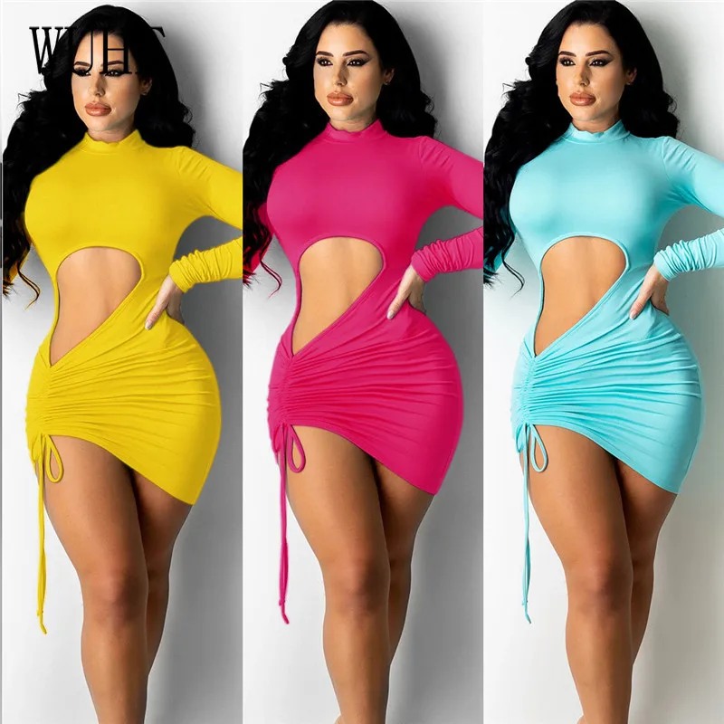 

WUHE Hollow Out Irregular Mini Bodycon Sexy Long Sleeve O Neck Drawstring Lace Up Pleated Package Hip Slim Casual Party Dresses
