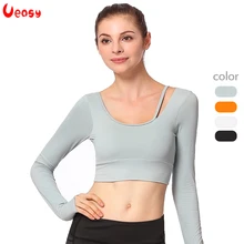 Ueasy – chemises d'entraînement pour femmes, haut court à manches longues, soutien gorge intégré, Sexy, bretelles au dos, vêtements d'activité, Compression, Yoga  (2)