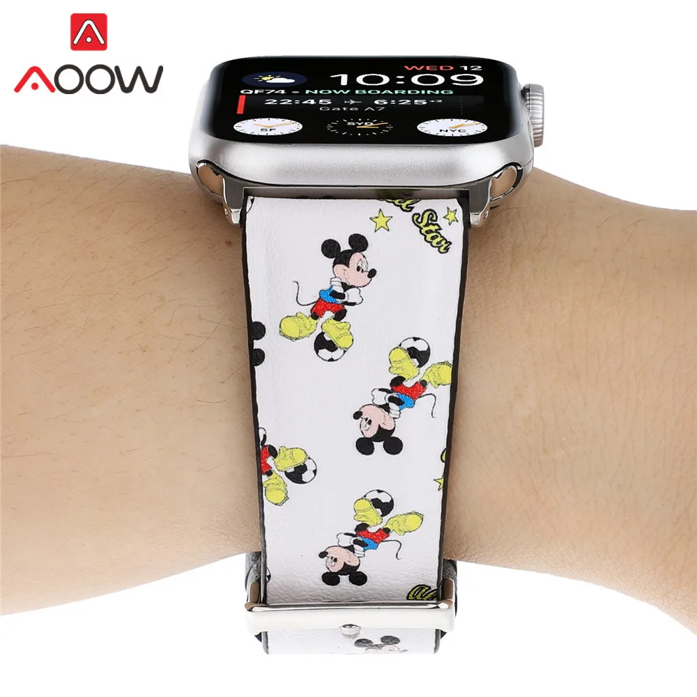 Кожаный ремешок для часов с мультяшным принтом для Apple Watch 40 мм 44 мм 38 мм 42 мм Микки браслет с подвеской в виде мыши ремешок для iWatch 1 2 3 4