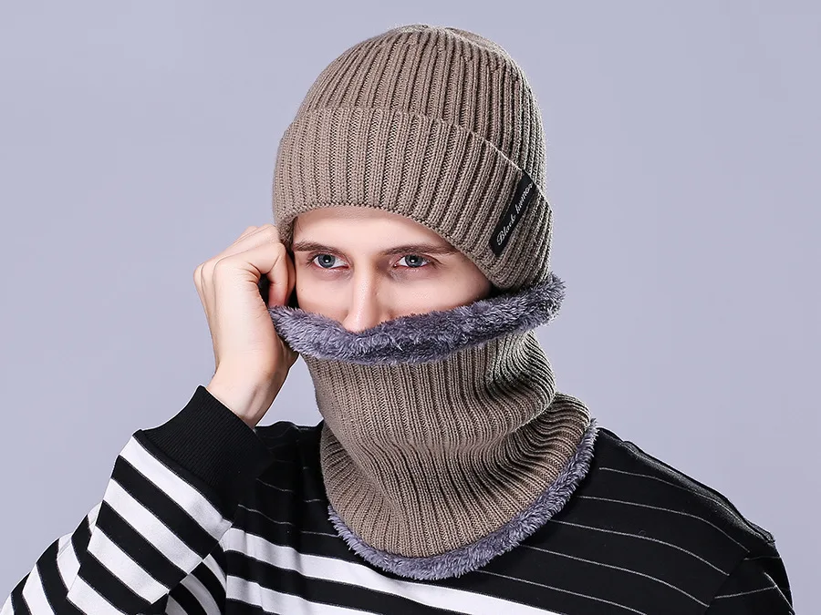 Зимние шапки для мужчин шарф вязанные шапки кепки маска Warm капот Теплые Мешковатые зимние шапки для мужчин женщин Skullies Beanies шапки - Цвет: Khaki