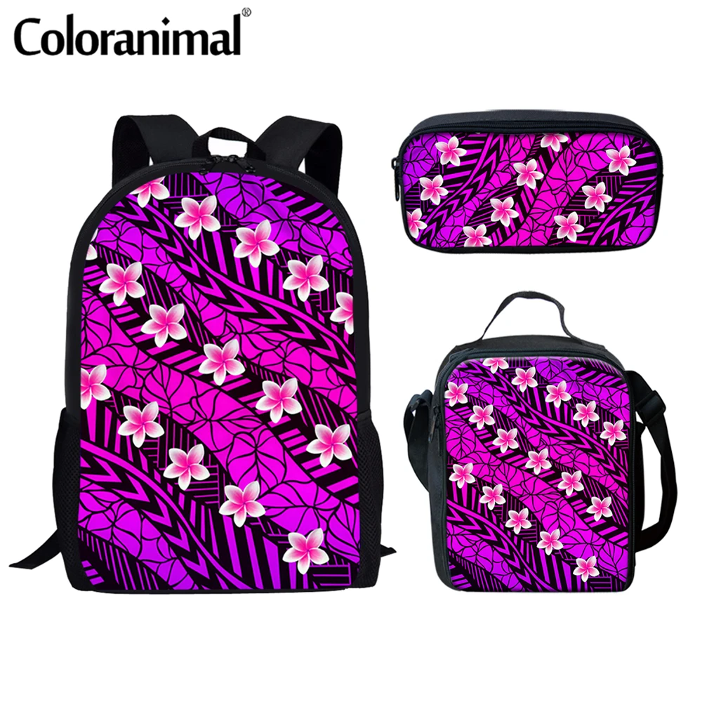 

Coloranimal Pretty Polynesian Plumeria Flower Printing Women Men Backpack 3Pcs/Set Bookbag With Lunch Bag With Pencil Bolsa Hot
