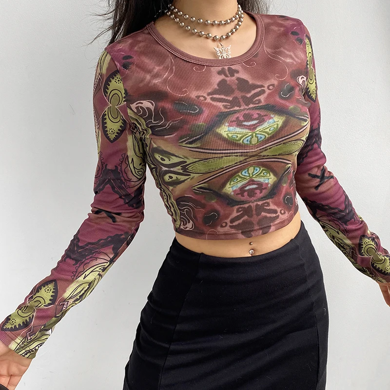 

Grunge Harajuku Printed T-Shirt Punk Floral Women Basic Long Sleeve Gothic Swearshirts Y2K Casual Ladies Streetwear Short Tees