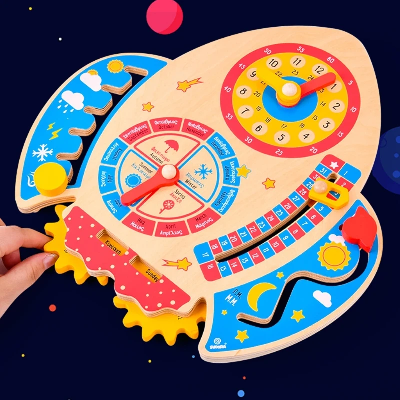 

50LE Montessori Baby Busy Board for Activity Centers Wooden Clock Stimulation Busy Board Activity Rocket Board for Teaching