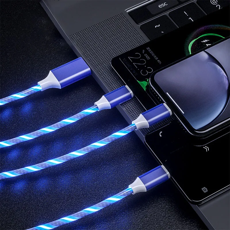 Blue 3 в 1 светящееся освещение потока кабель Быстрая зарядка Micro USB для iphone X 7 XR type C кабель зарядное устройство для samsung Android шнур для телефона - Цвет: Blue