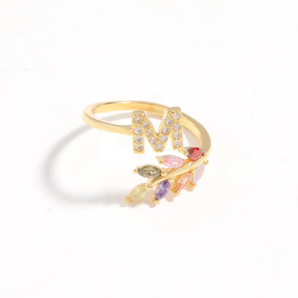 

Colorful Crystal Leaf Zircon Rings For Women Gold A-Z Initial Letter Ring Jewelry Men's Charm Ring Valentine Day Gift Adjustable