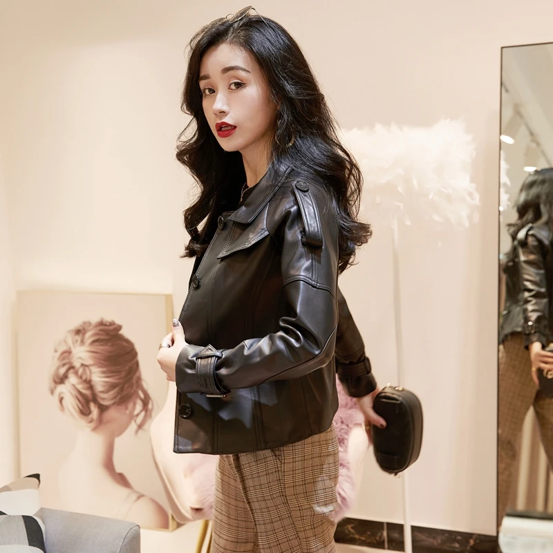 

JCHB 2021 and spring new autumn Korean style Leather Jacket Women's jacket sheepskin small coat waist mid-length spring