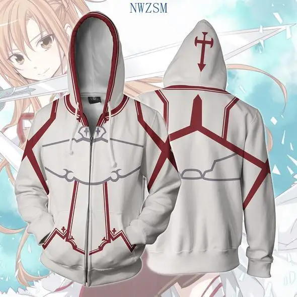 SAO Sword Art Online Kirito Asuna Cosplay Costume Zip Up 3D Hoodies Long Sleeve Men Anime Hoodie Oversized Hooded Sweatshirt