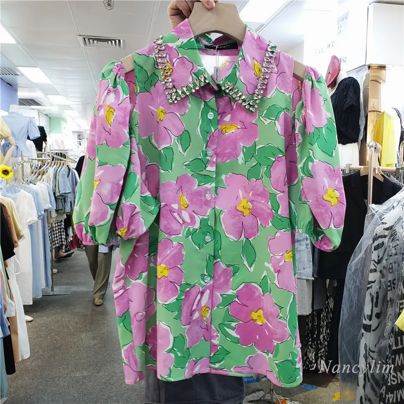 Chemise à revers avec strass pour femme, haut ample à manches mi-longues, multi-boutons, imprimé floral, à la mode, été, 2021