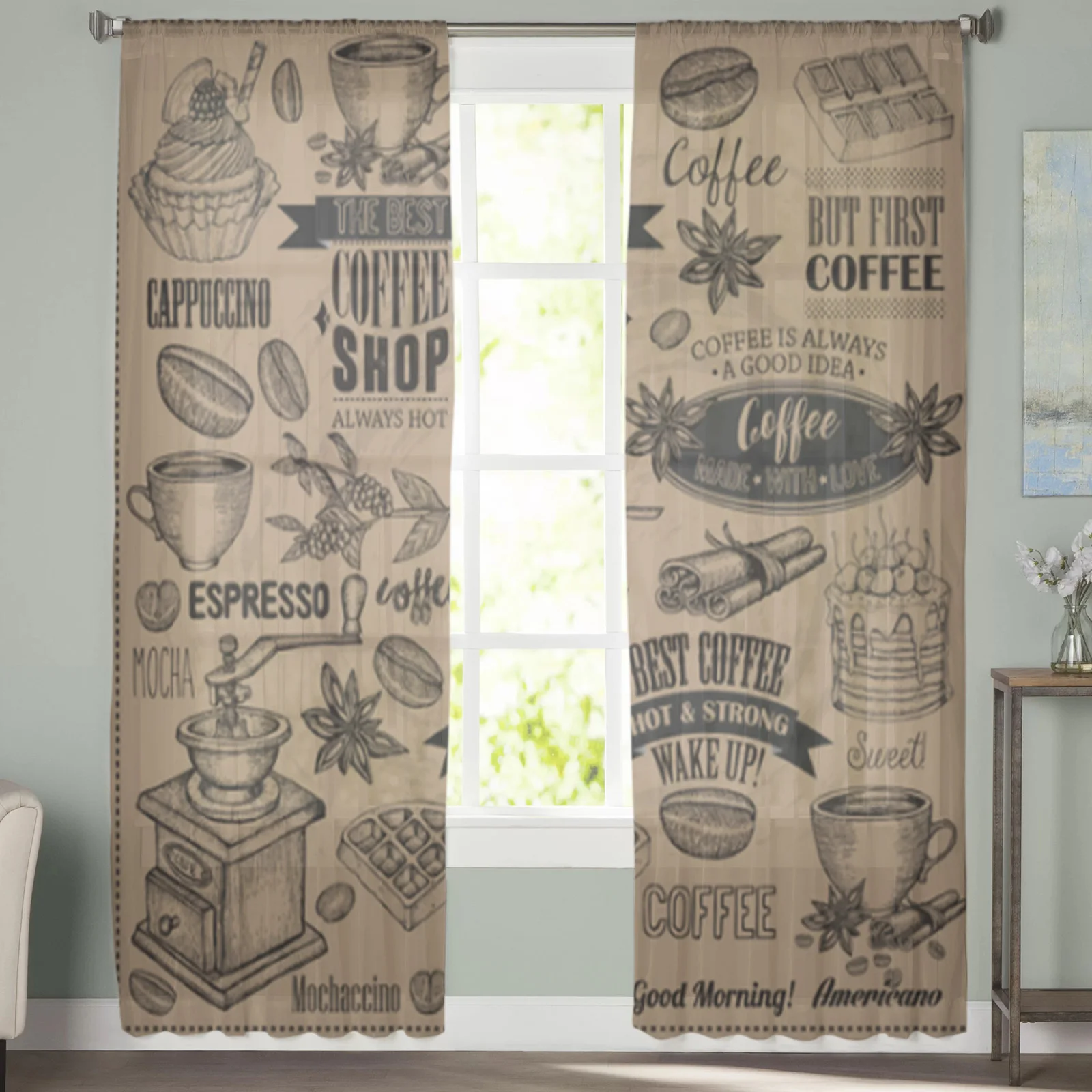 Тюлевые занавески в стиле ретро с изображением кофейных чашек для гостиной