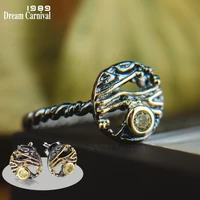 dreamcarnival1989 exaggerated vintage black gold color women zircon round earrings ring set small cute saturday jewelry we3958s2
