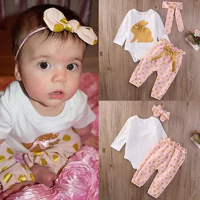

3Pcs new cute Newborn Infant Baby Girls clothes Summer rabbit long sleeve bodysuit bow Playsuit Pants Outfits Set