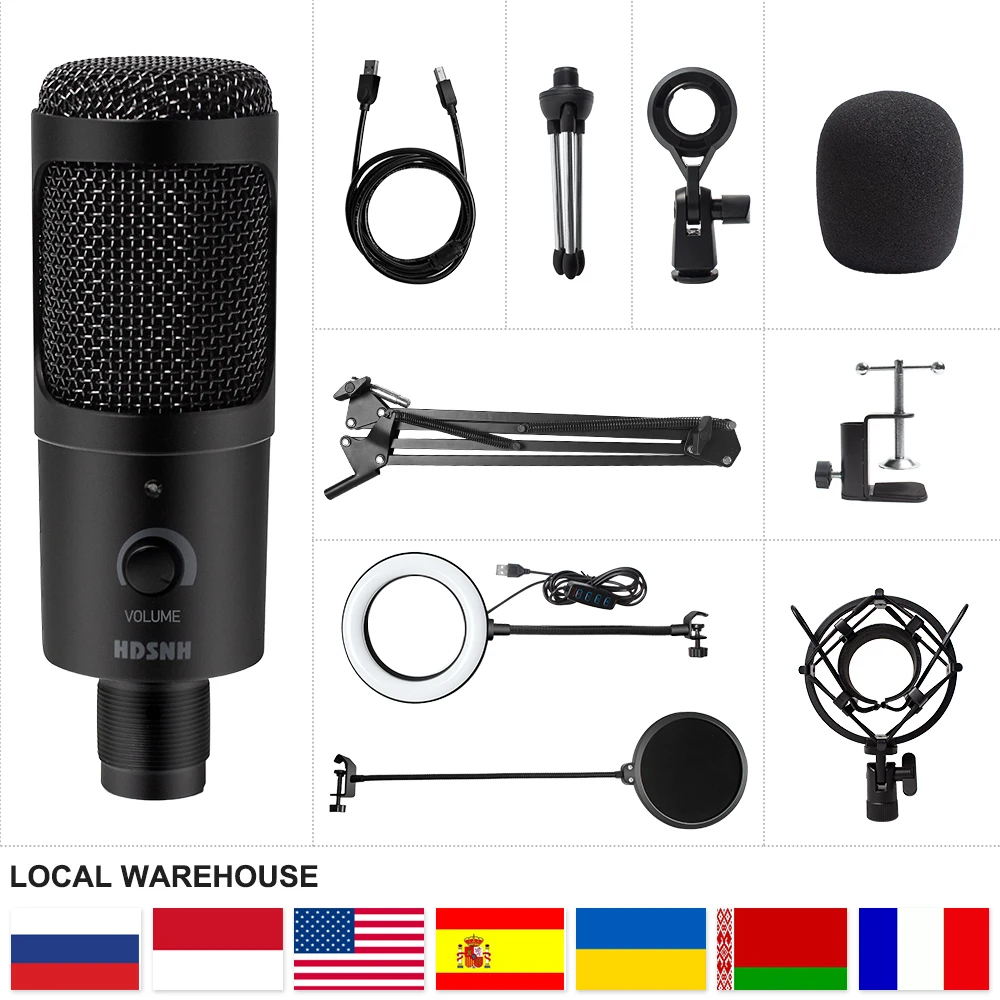 usb microphone condenser d80 recording microphone with stand and ring light for pc karaoke streaming podcasting for youtube free global shipping
