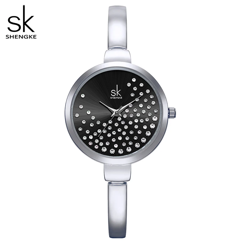 Часы Shengke женские кварцевые с кристаллами кофейного цвета тонкий браслет пряжкой