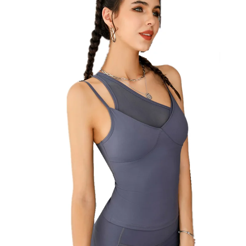 

New Cross Back Sports Top Gather Gym T-shirt Fitness Tank Thin Shoulder Strap Sleeveless Yoga Camisole Net Stitch Workout Vest