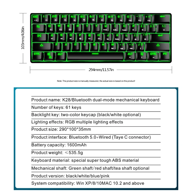 

Multi-Device Wireless/Wired Mini Mechanical Keyboard, 61 Keys Bluetooth Small Portable Gaming Office Keyboard with Battery J0PB