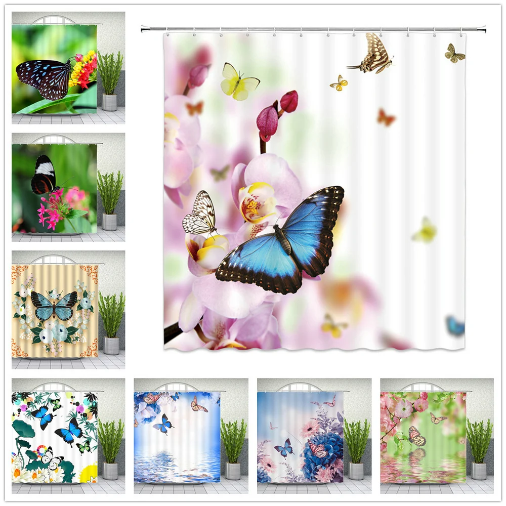 

Занавеска для душа с изображением бабочек, цветов, зеленых листьев, травы, растений, ландшафта, декор для ванной комнаты, водонепроницаемый комплект подвесных занавесок из полиэстера
