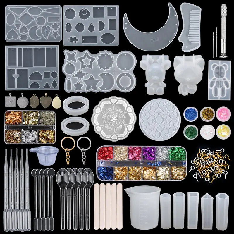 Epoxy Silicone Mold Set Jewelry Casting Mold Kit with Hand Drill, Glitter Sequins and Tools for Pendant Earring Keychain Making