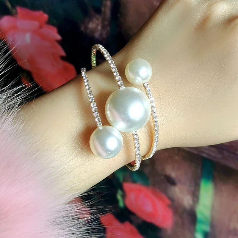 

LEEKER korean style Big Pearl Ball Bangle For Women Gold Silver Color 3 Layers Crystal Bracelet wedding accessories 179 LK6