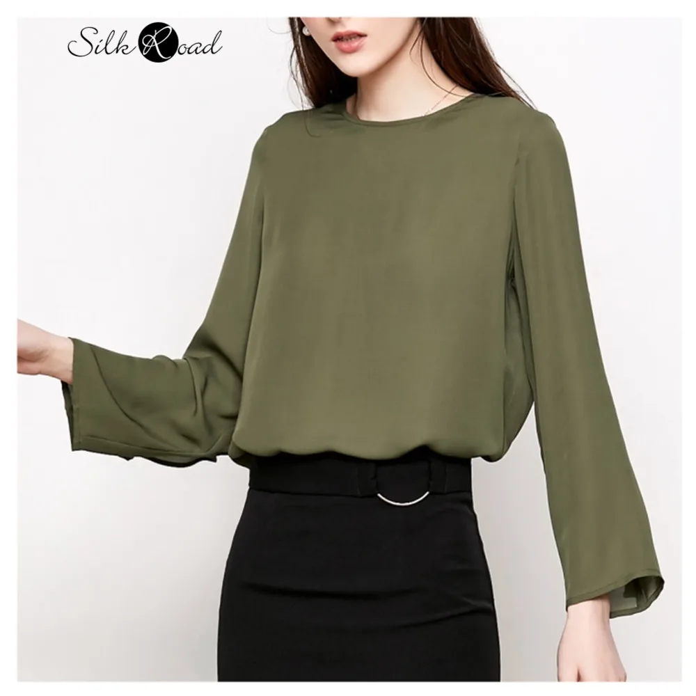 Silviye Silk shirt women's silk back ruffle edge solid color long sleeve top mix with foreign style T-shirt spring 2020 new