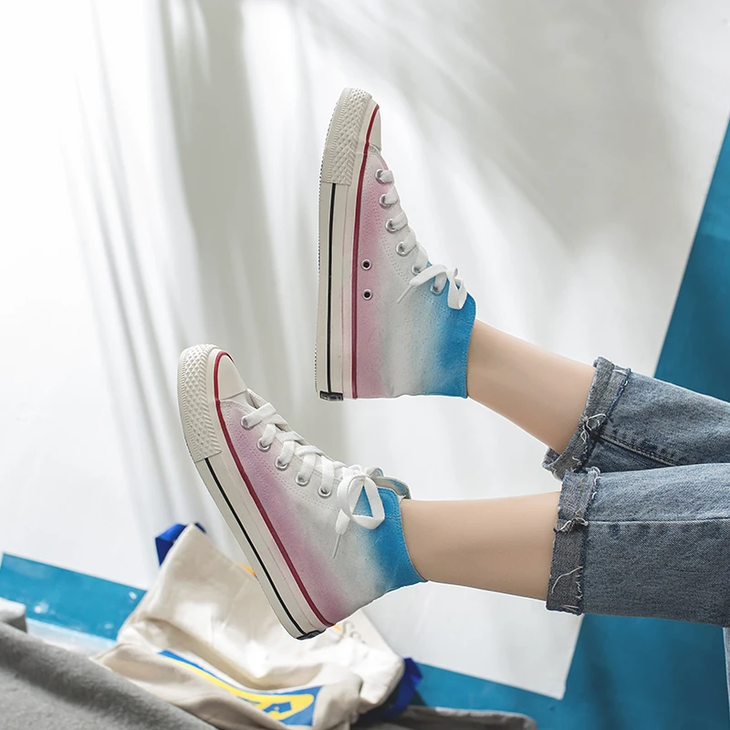 2020 градиент Цвет обувь с высоким берцем Женская модная парусиновая повседневная