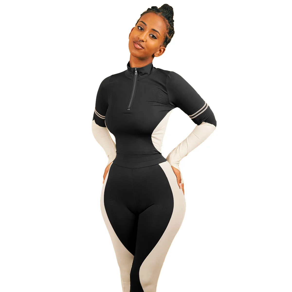 

Patchwork Sport Jumpsuit Women Turtleneck Bodysuit Zipper Bodycon Romper Elasticity Playsuit One Piece Overalls Streetwear 2021