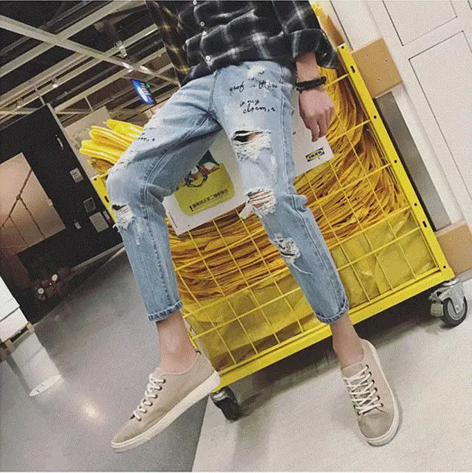 

Wholesale 2020 Fashion Summer thin broken jeans men's ankle length pants letter printed slim feet beggar pants Korean casual