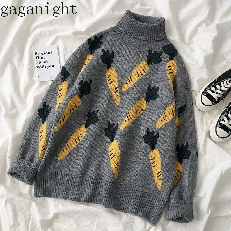 Gaganight Fashion Carrot Pattern Women Sweater Chic Turtleneck Pullover Female Grey Casual Loose Girl Jumper Autumn Winter Thick | Женская