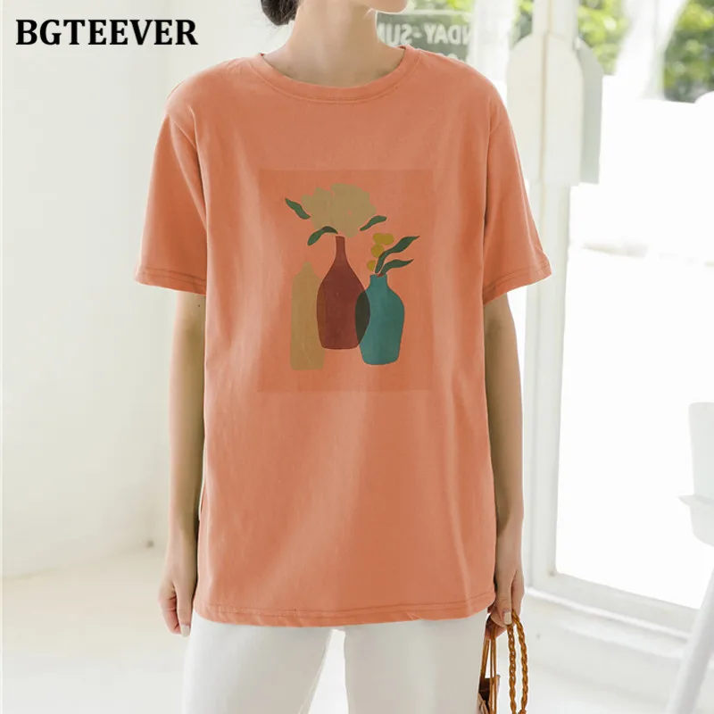 

BGTEEVER Vintage O-neck Women Printed T-shirts 2021 Summer Loose Short Sleeve Ladies Cotton Tees Tops Casual Female Pullovers